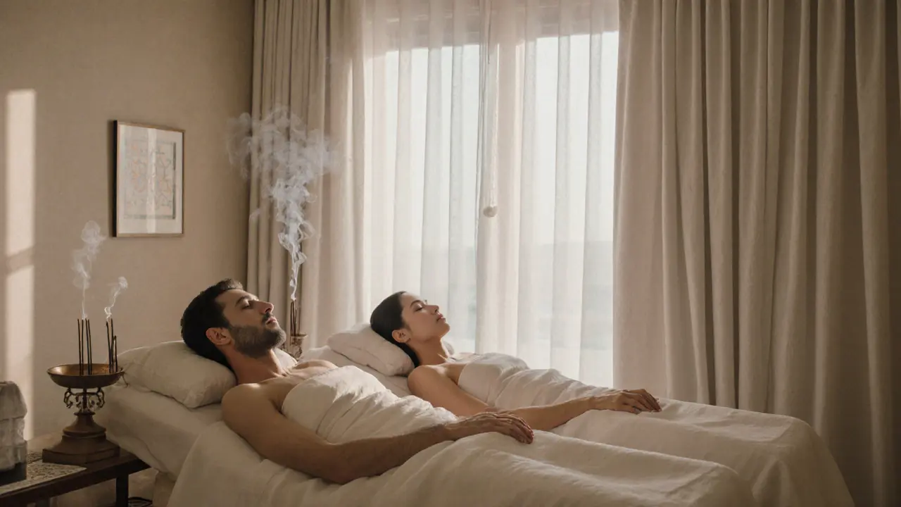 A peaceful couples&#039; spa room with soft lighting and no physical contact.