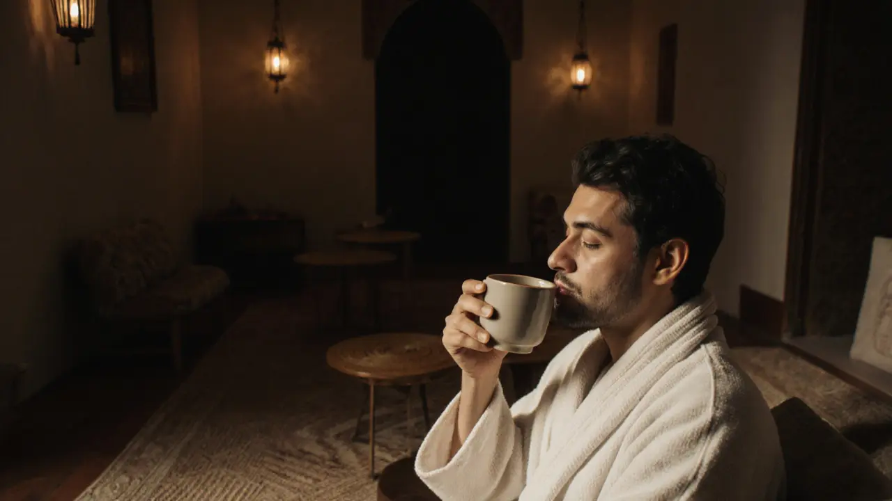 A person in a robe sipping tea in a quiet lounge, eyes closed, at peace.