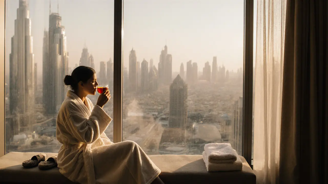 A person in a robe sipping tea while enjoying a view of Dubai&#039;s skyline from a quiet spa lounge.