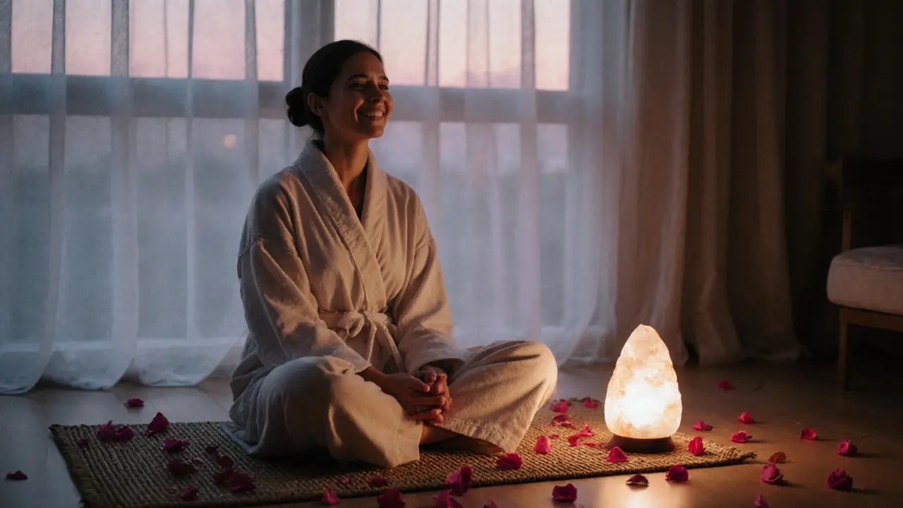 A person sitting peacefully after a tantric massage, eyes closed, smiling softly.