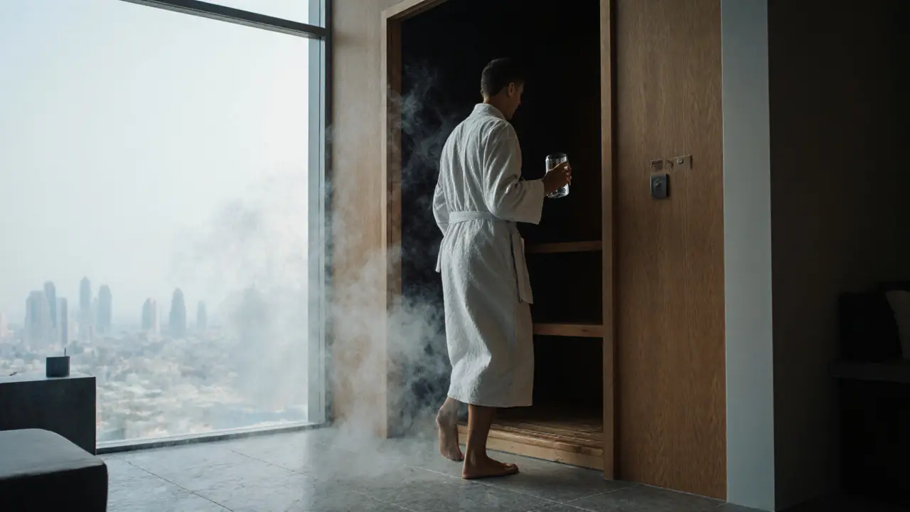 A person stepping out of a steam room into a calm lounge, wearing a robe and holding water.