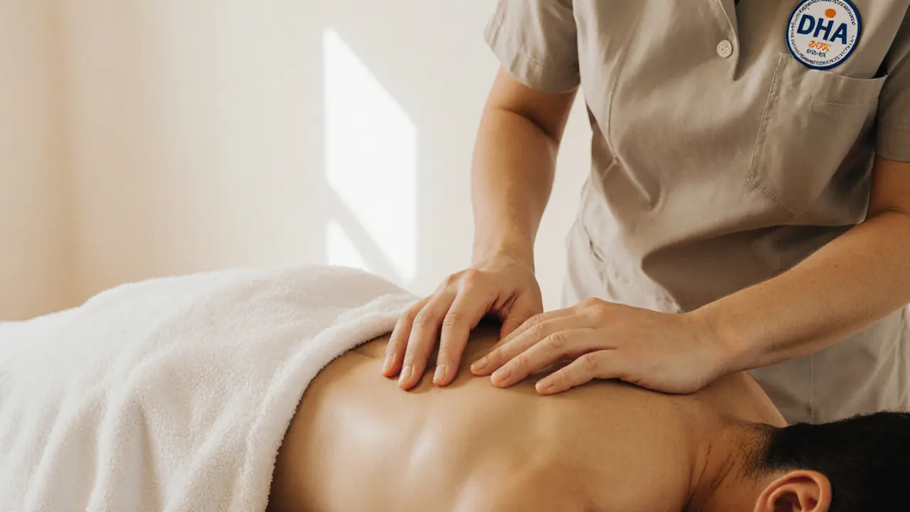 A professional massage therapist working on a client&#039;s shoulder with full body coverage.