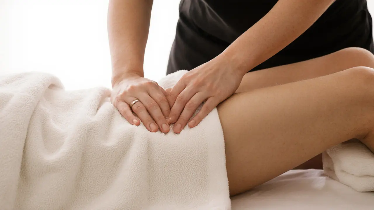 A therapist gently working on a client&#039;s inner thigh with full draping and professional care.