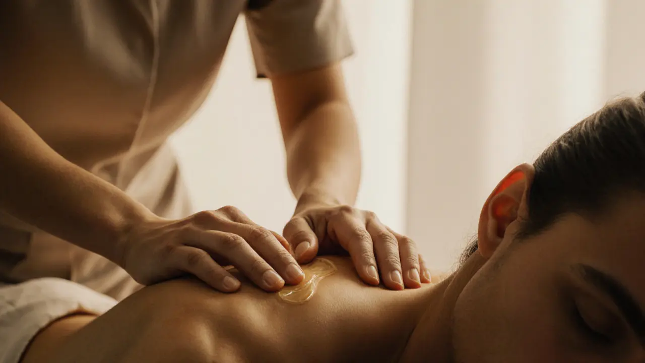 A therapist massaging a client&#039;s shoulders with calm focus and warm oil.