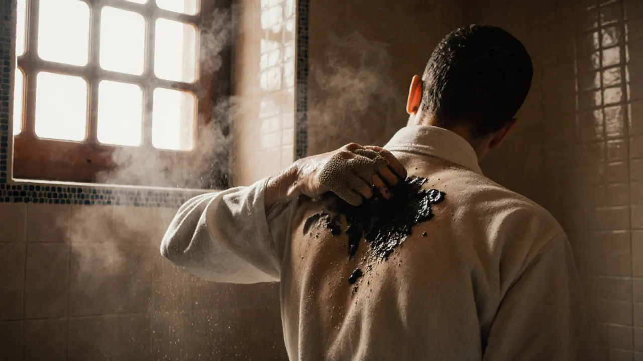 A therapist scrubbing a client&#039;s back with a kessa glove in a humid, tiled bath area.