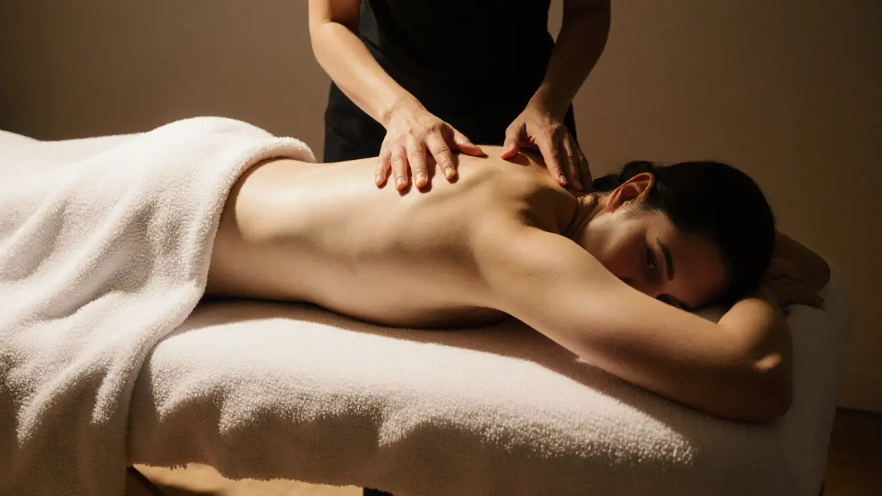 A woman covered by a towel, only her shoulder exposed, as a therapist&#039;s hands hover gently above her chest in a modest setting.