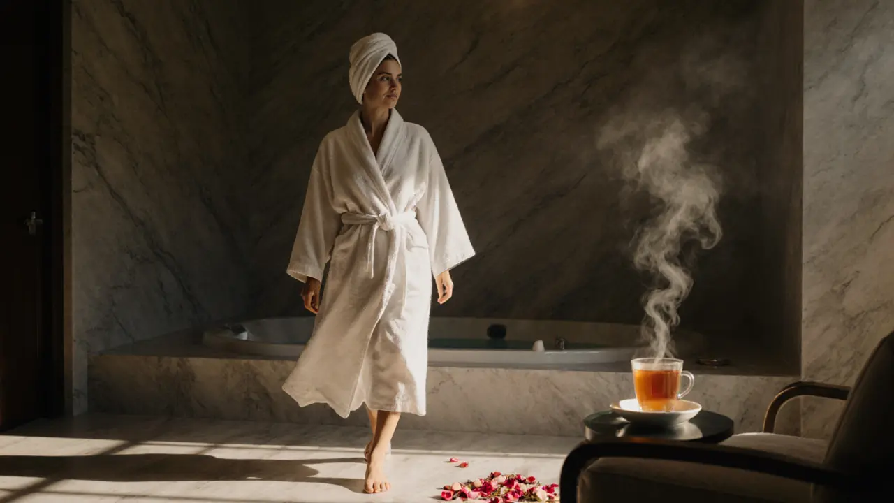 A woman in a white robe walking from jacuzzi to lounge, hair wrapped in a towel.