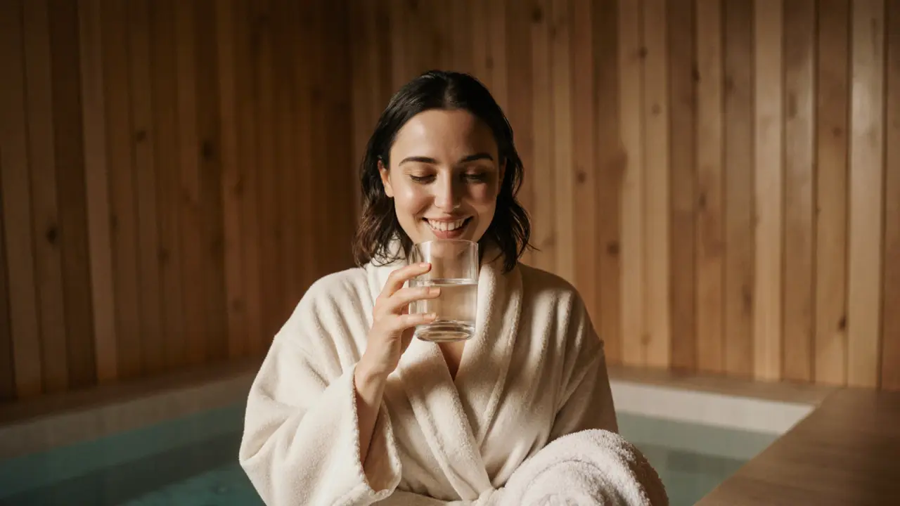 A woman smiling after a sauna session, drinking water while wearing a cotton robe