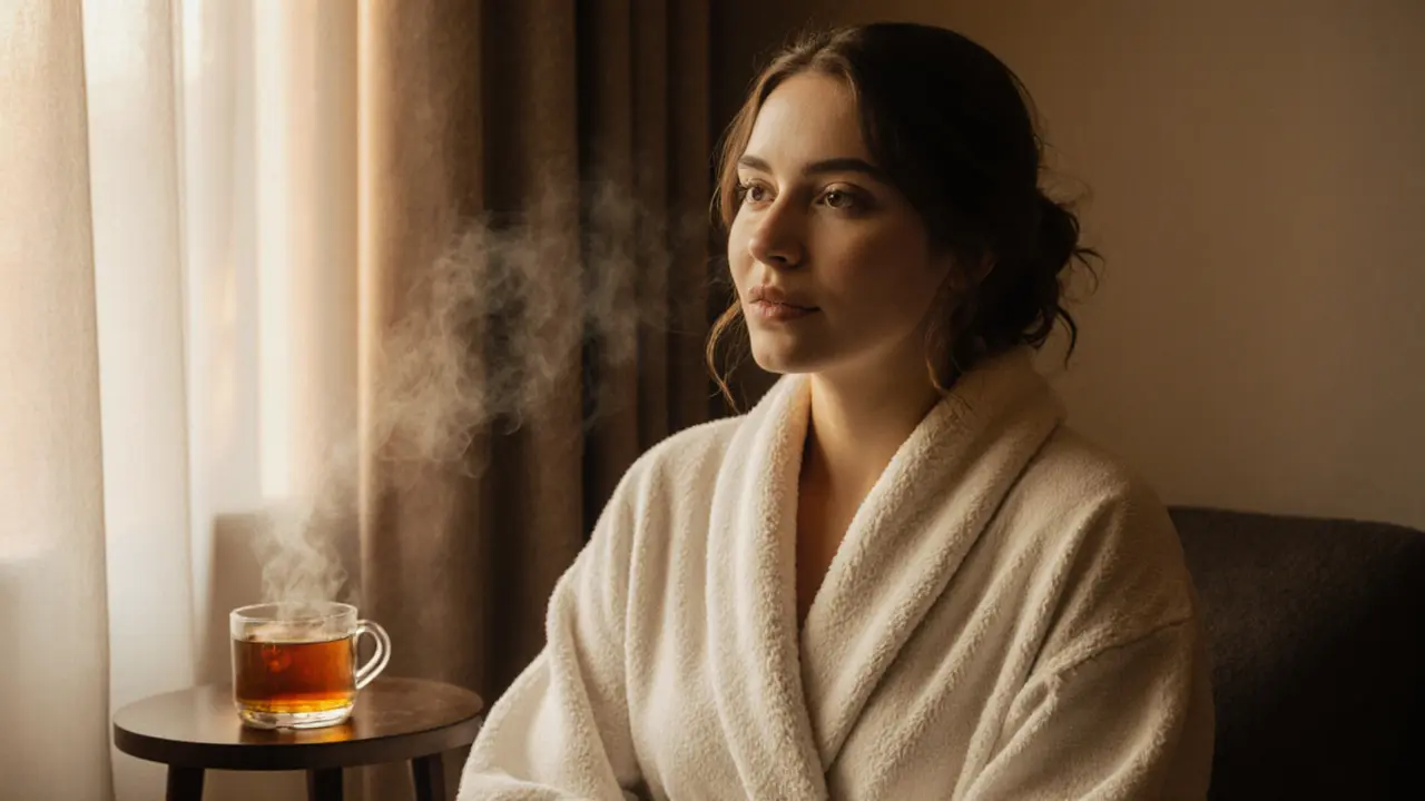 A woman smiling peacefully after a head spa, her eyes closed and hair loosely styled.