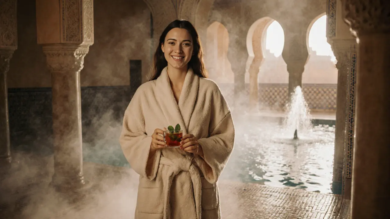 A woman with glowing skin smiling after a hammam, wrapped in a robe and holding mint tea.