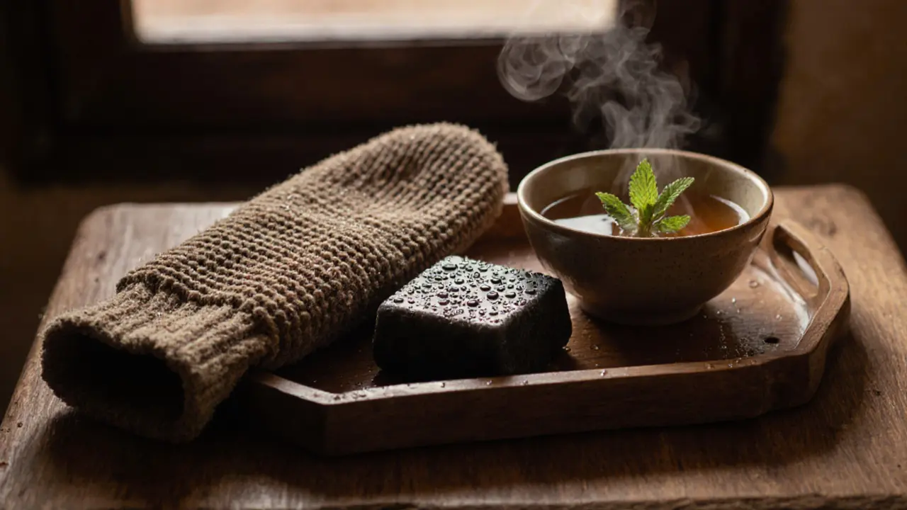 A wooden tray with black soap, a kessa glove, and mint tea in a ceramic bowl.