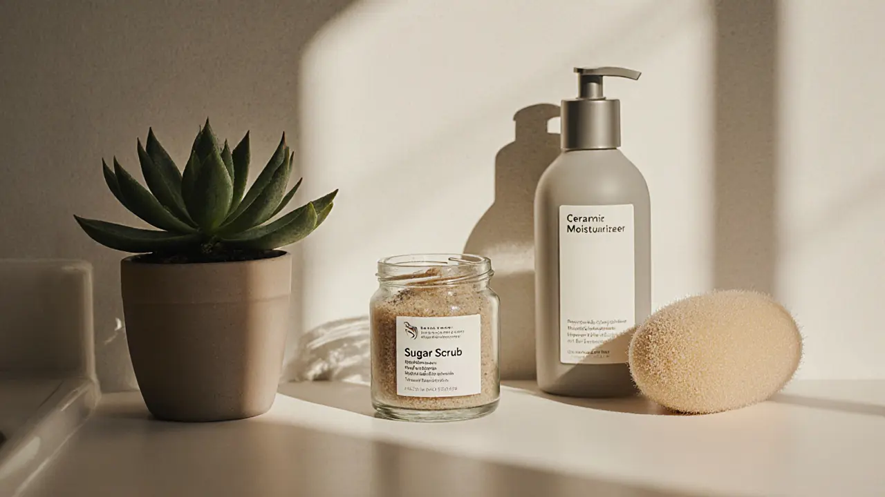 Bathroom counter with sugar scrub, ceramide cream, and konjac sponge