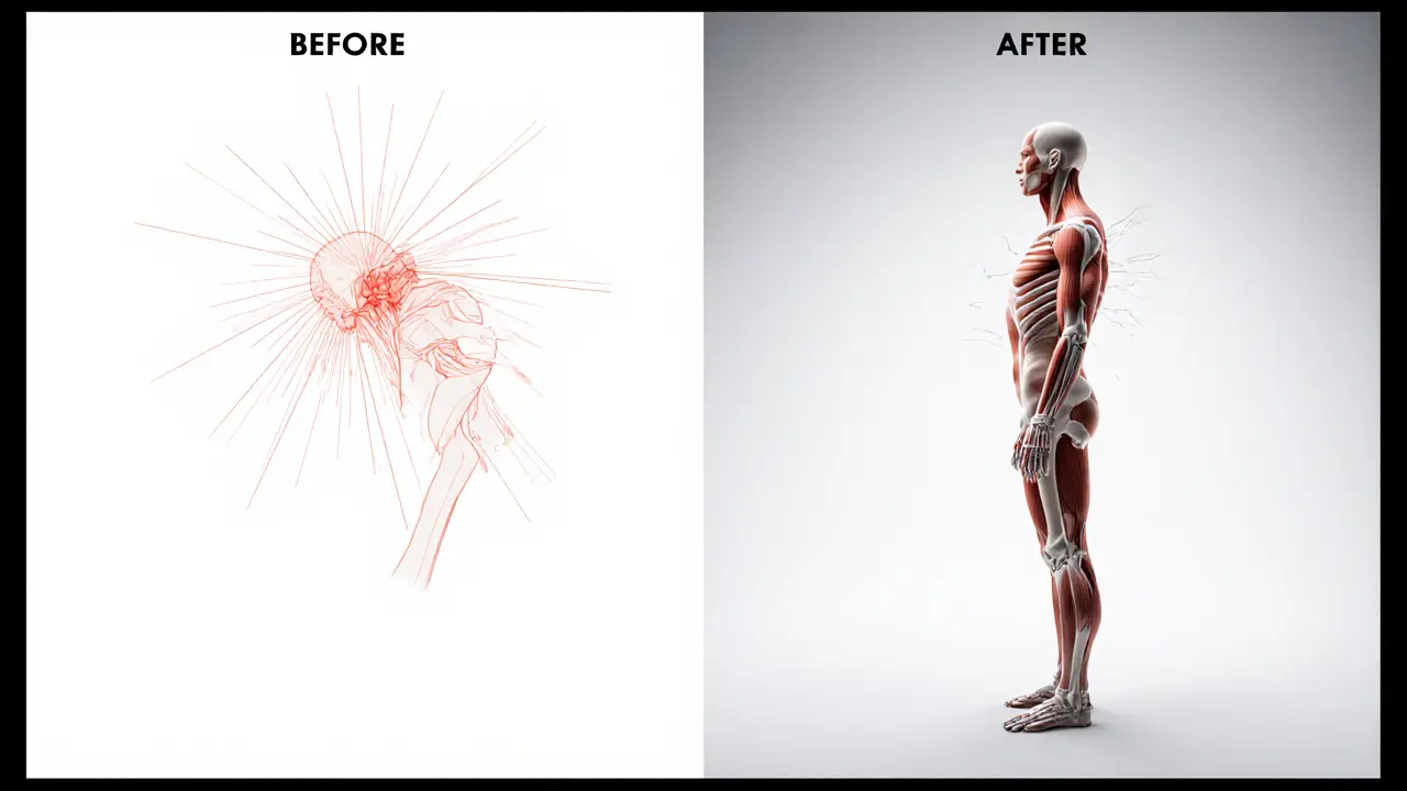 Before-and-after posture comparison showing relief from chronic tension
