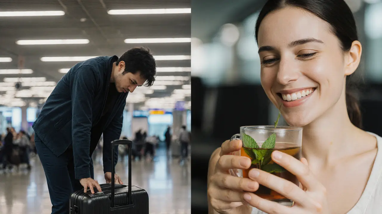 Before and after: traveler looking tired versus calm after an airport massage.