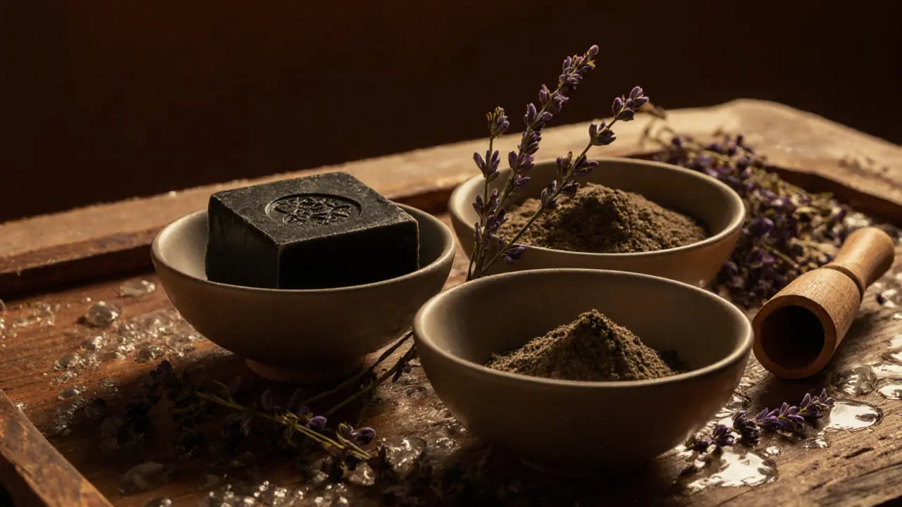 Black soap and ghassoul clay in ceramic bowls on a wooden tray with natural elements.