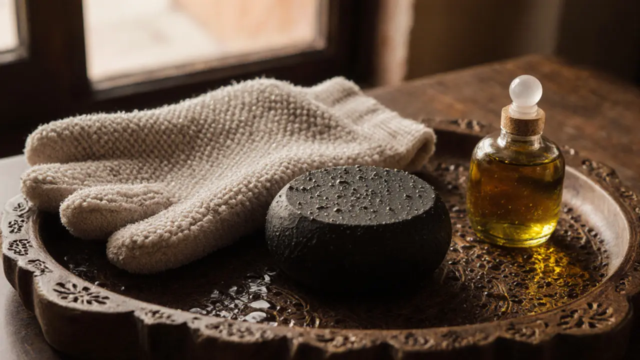 Black soap, kessa glove, and argan oil on a wooden tray with natural lighting.