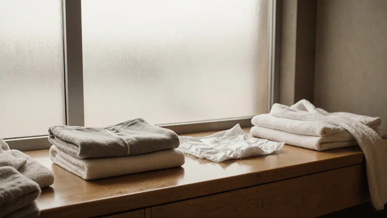 Boxer briefs and disposable paper briefs next to a spa robe on a wooden bench.