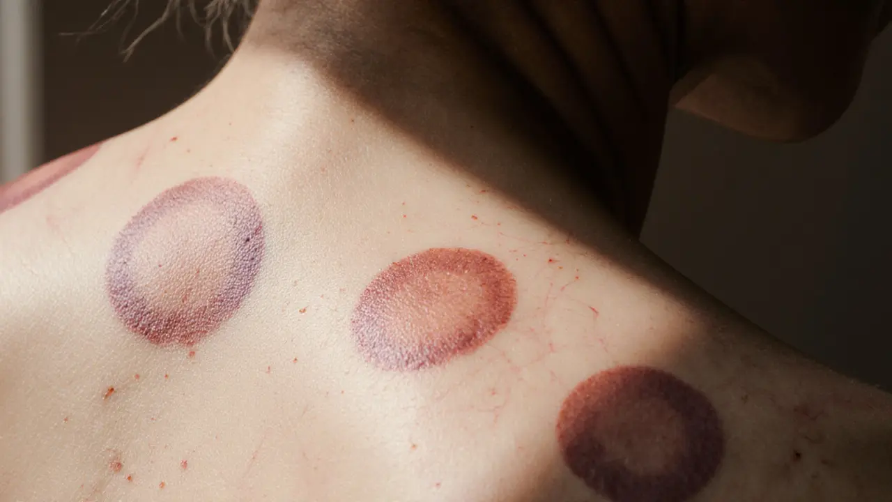 Circular red marks on skin after dry cupping, softly lit and detailed