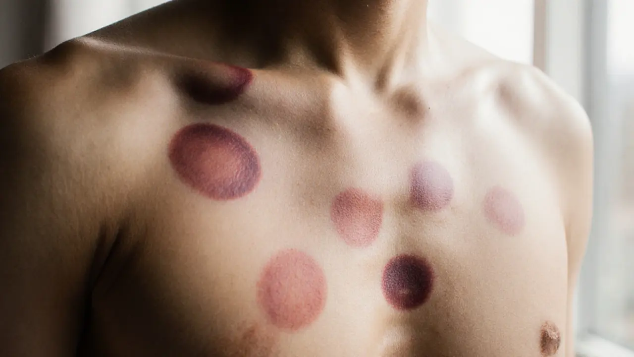 Close-up of circular cupping marks on skin, no injury, natural lighting.