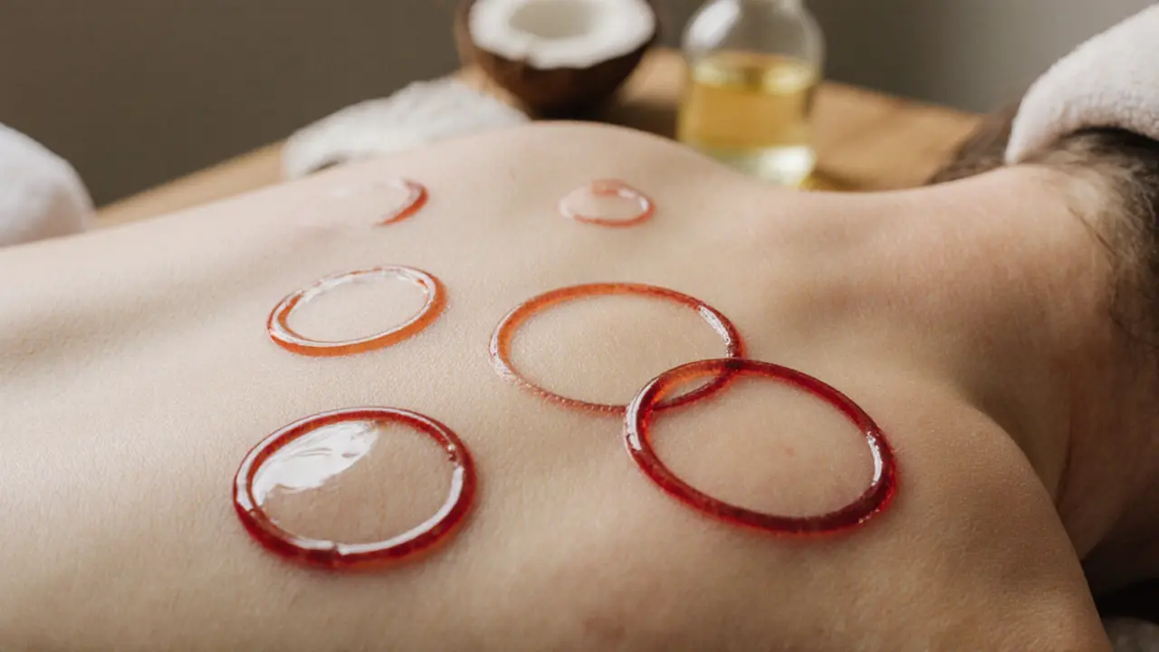Close-up of circular reddish cupping marks on skin, no bruising, oil sheen visible.