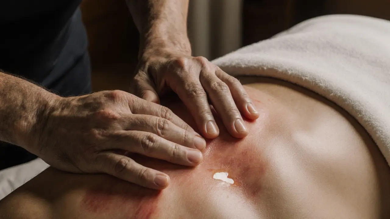 Close-up of hands applying deep pressure to tight trapezius muscle