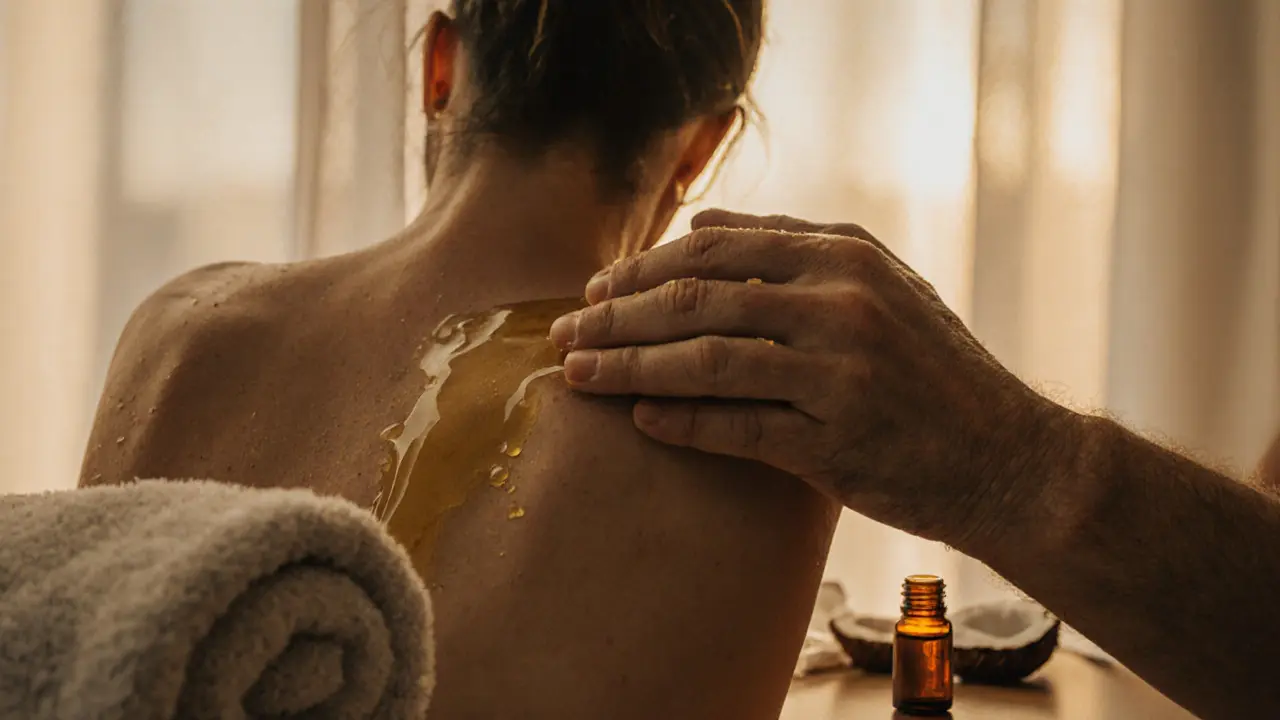 Close-up of hands applying massage oil to a back with golden light.