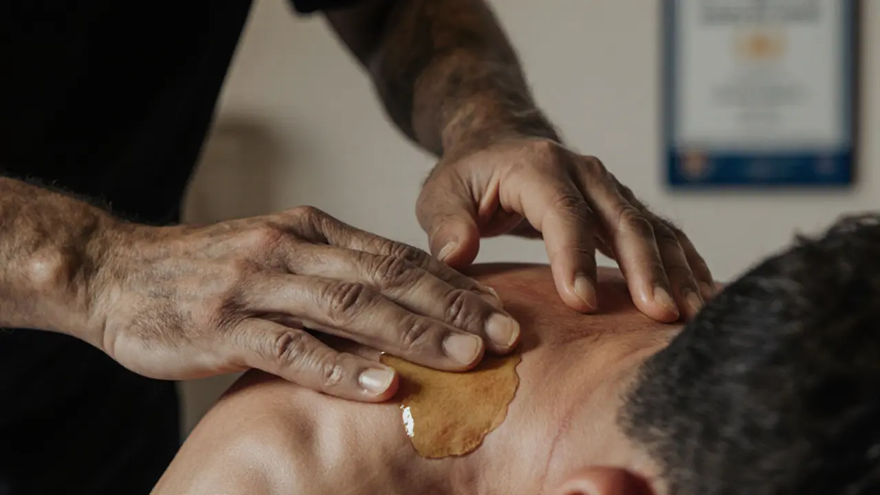 Close-up of hands pressing into tense shoulder muscle with oil sheen, professional environment in background.