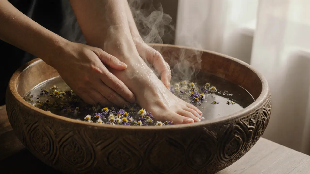 Close-up of hands soaking and massaging a foot in herbal water.