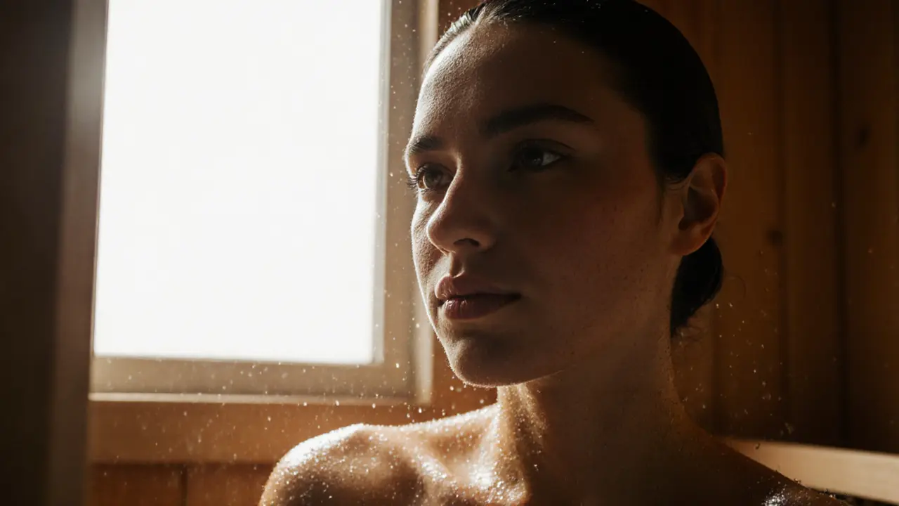Close-up of sweat on skin after a sauna session, natural lighting highlighting droplets.