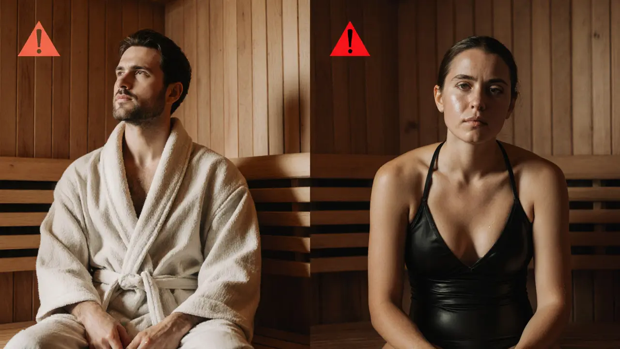 Comparison of appropriate linen robe vs. inappropriate synthetic swimsuit in a sauna setting