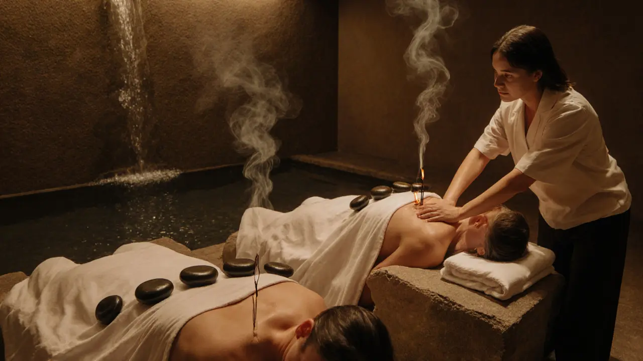 Couple receiving side-by-side stone therapy in a quiet, intimate spa suite.