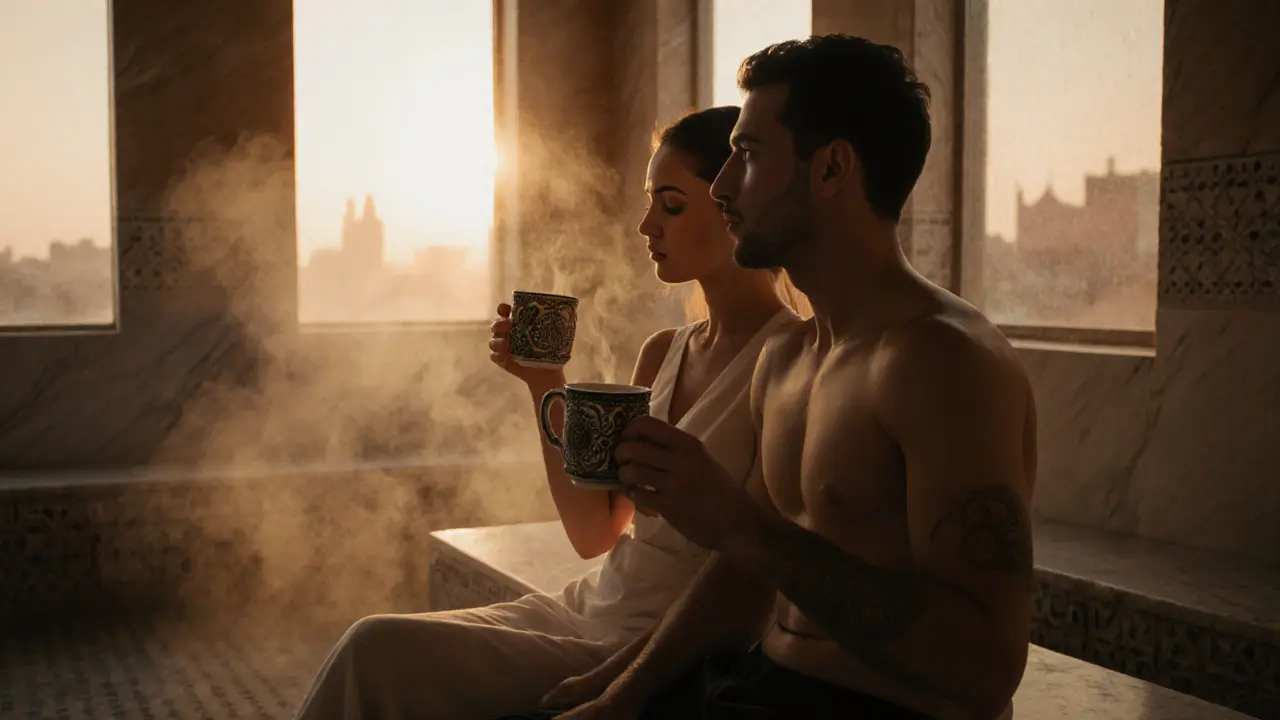 Couple relaxing after hammam session, sipping mint tea with glowing skin.