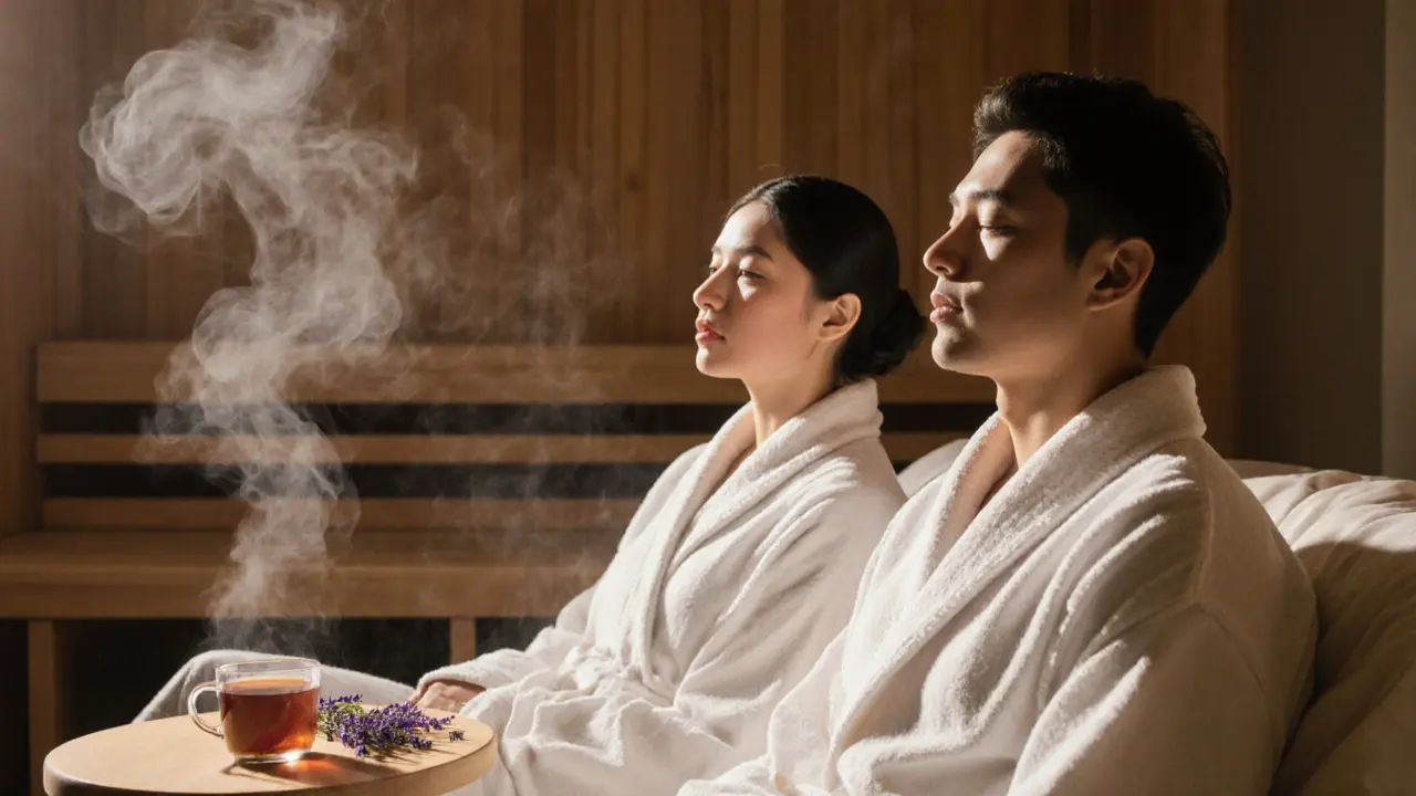 Couple relaxing in robes in a quiet spa suite with steam and tea