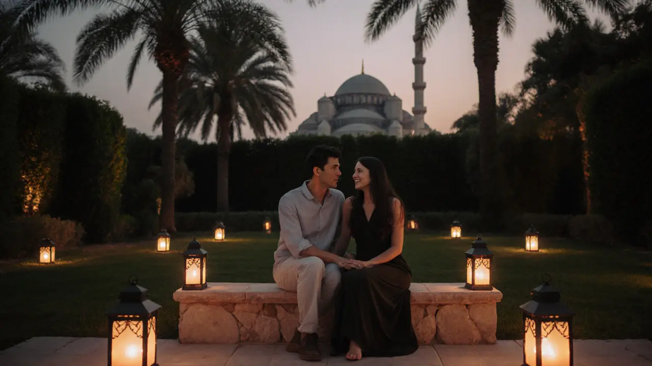 Couple sitting apart on a bench in a quiet Dubai garden at dusk, smiling peacefully.