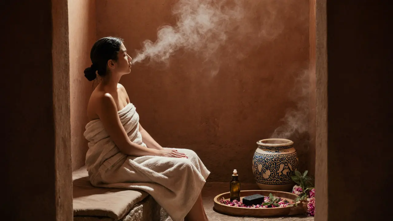 Cozy Moroccan hammam with terracotta walls, clay pots, and someone wrapped in a towel.