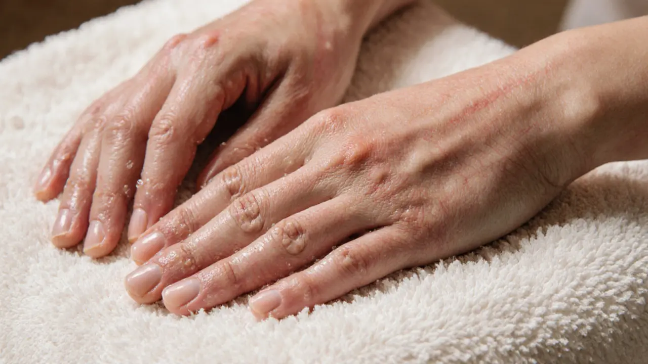 Flushed hands resting on a towel after a steam session, skin glistening with moisture.