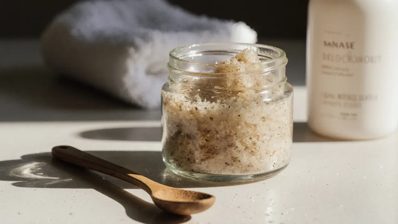 Glass jar of sugar and coconut oil scrub with wooden spoon, natural lighting, minimalist setup.