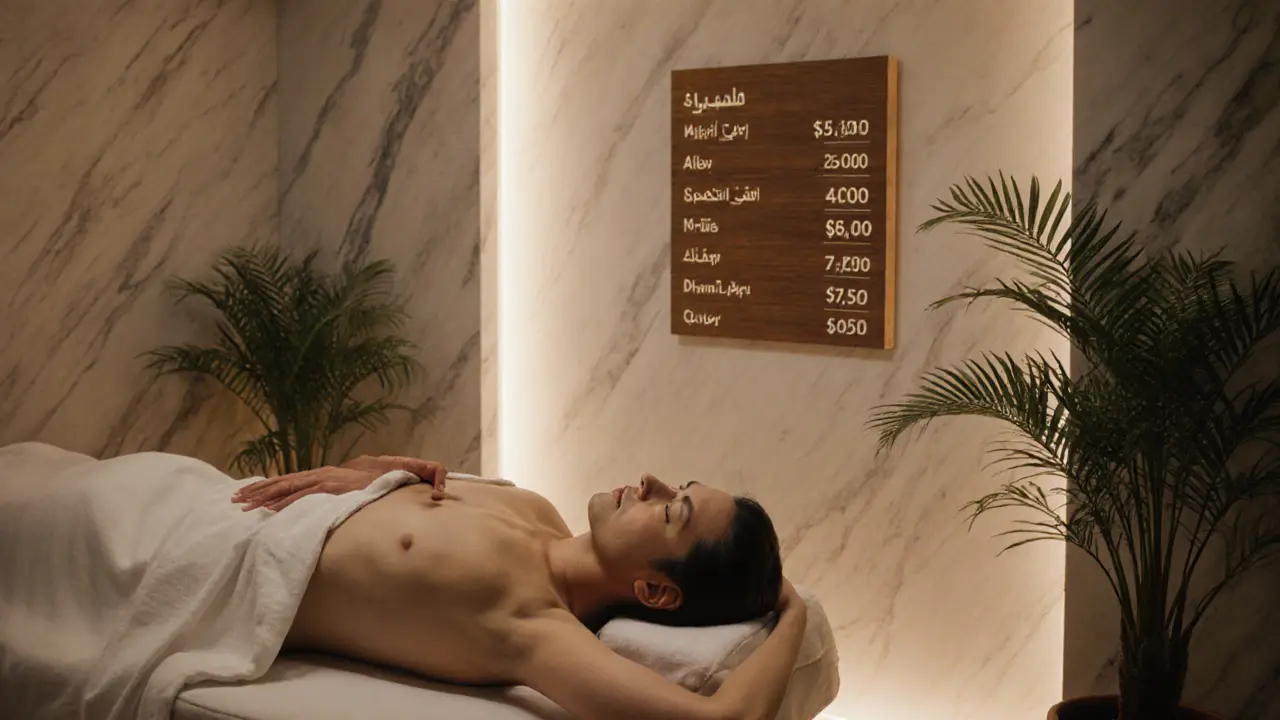 Guest receiving a massage in a luxury Dubai spa with price list in background