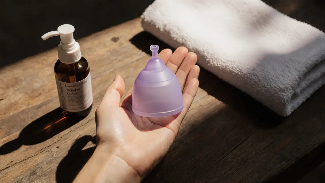 Hand holding silicone cup and pump next to massage oil bottle on wooden surface.