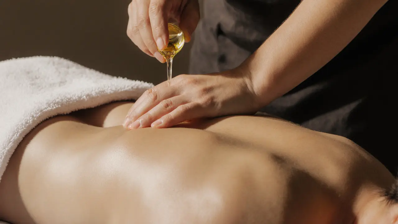 Hands applying massage oil to a back covered by a white towel.