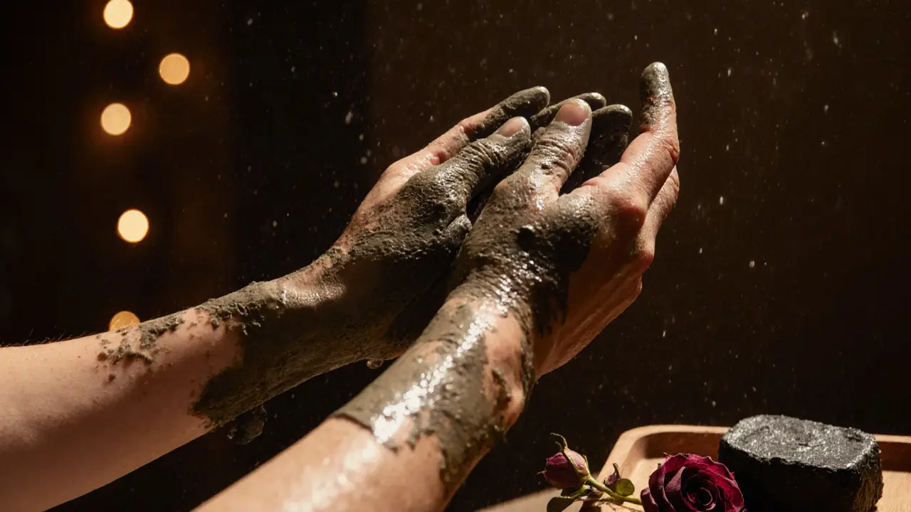 Hands applying rhassoul clay to skin with black soap and rose on a wooden tray nearby.