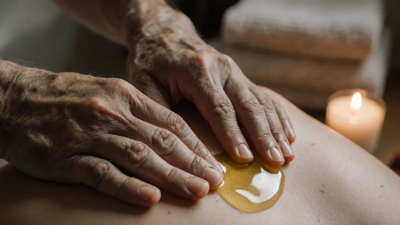 Hands applying warm oil to a back in a quiet home setting with candlelight and towel nearby.
