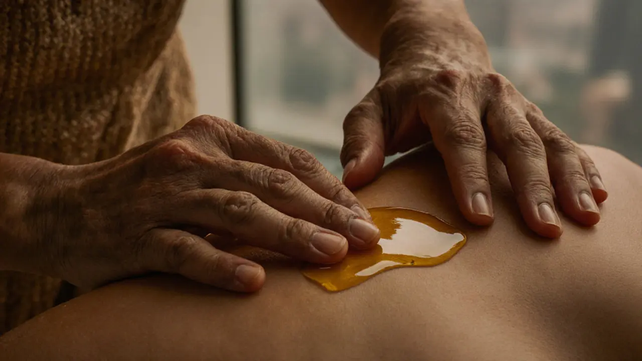 Hands applying warm oil to a back with natural light highlighting the motion.