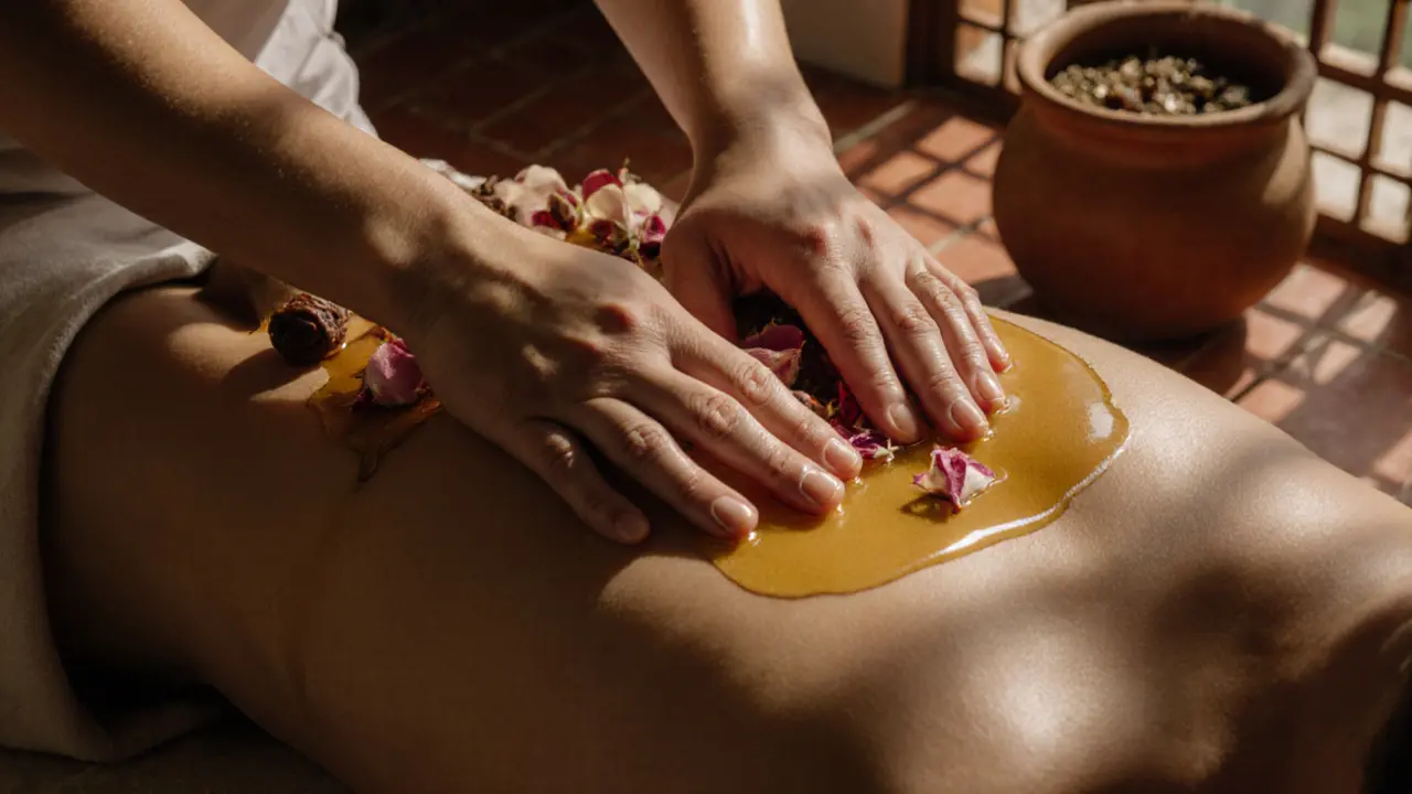 Hands applying warm oil with rose petals and dates during a massage