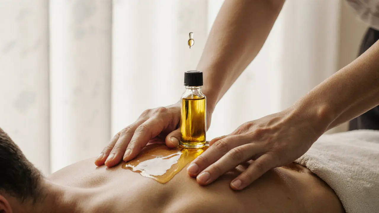 Hands applying warm therapeutic oil to a person&#039;s back during massage