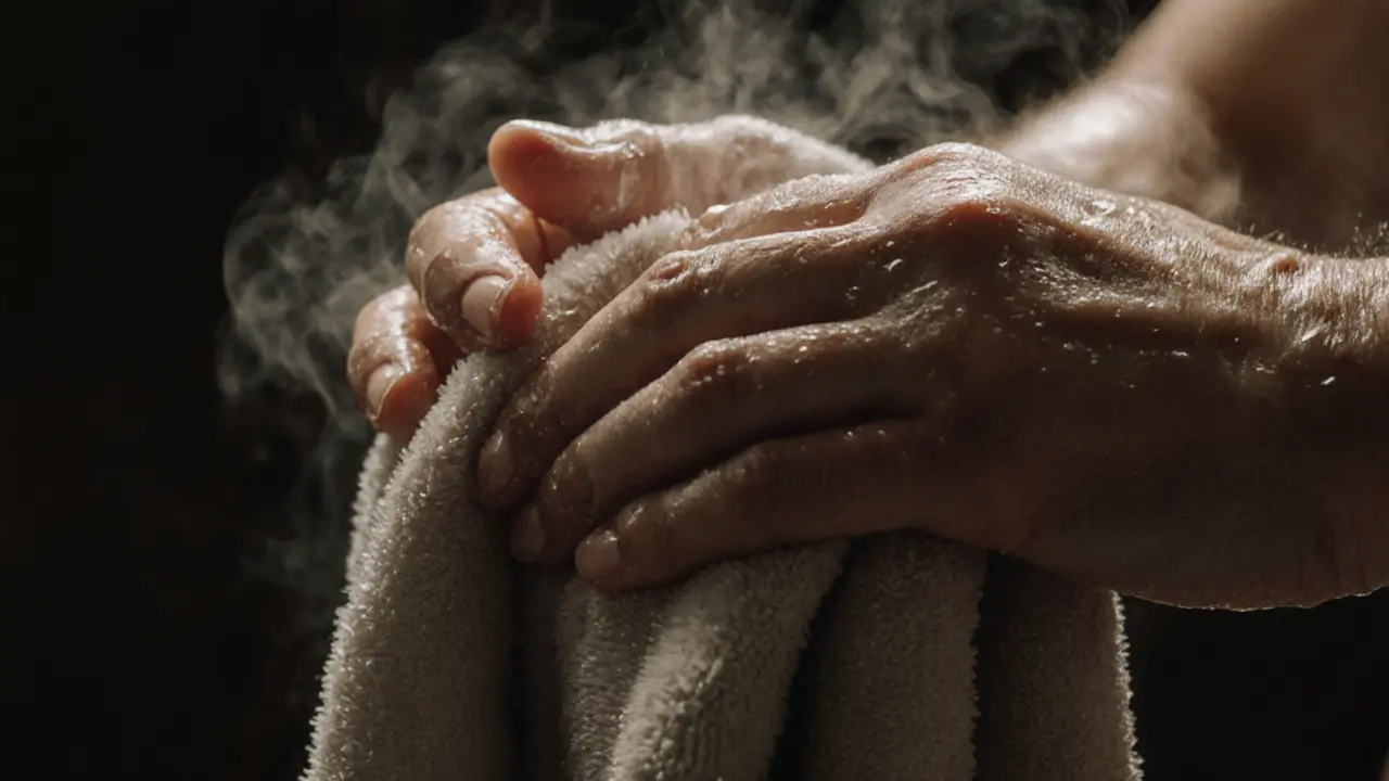 Hands holding a warm, damp towel with water droplets glistening on the skin.
