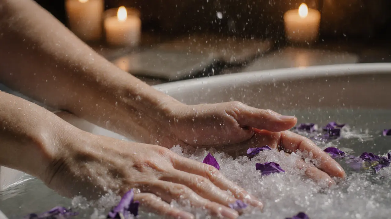 Hands in warm water with Epsom salts and lavender petals, droplets shining softly.