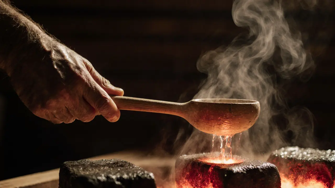 Hands pouring water over glowing sauna stones, creating a burst of steam.