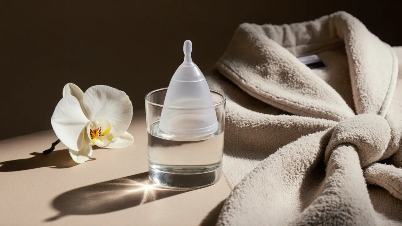 Menstrual cup in glass of water beside towel and orchid, symbolizing eco-friendly period care.