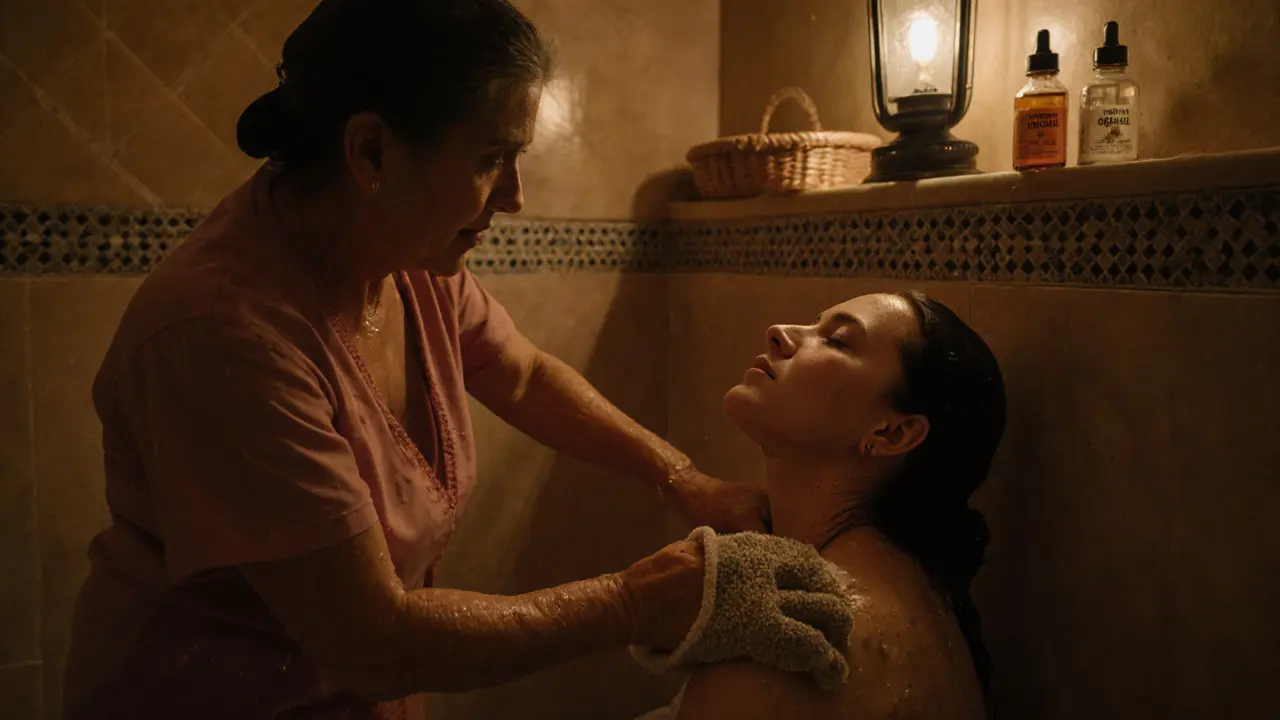 Moroccan attendant scrubbing a woman&#039;s back with a kessa glove in steam room